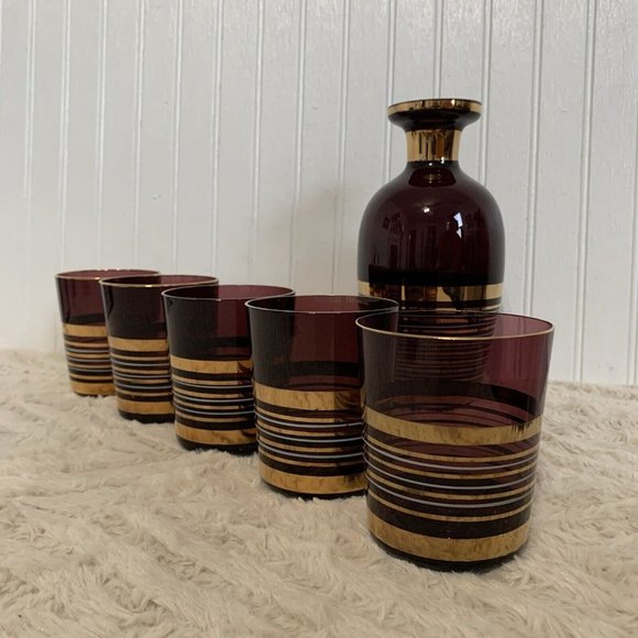 Vintage Bohemian Czech Glass Borske Sklo Amethyst Decanter & 5 Tumbler Glasses - Picture 1 of 15